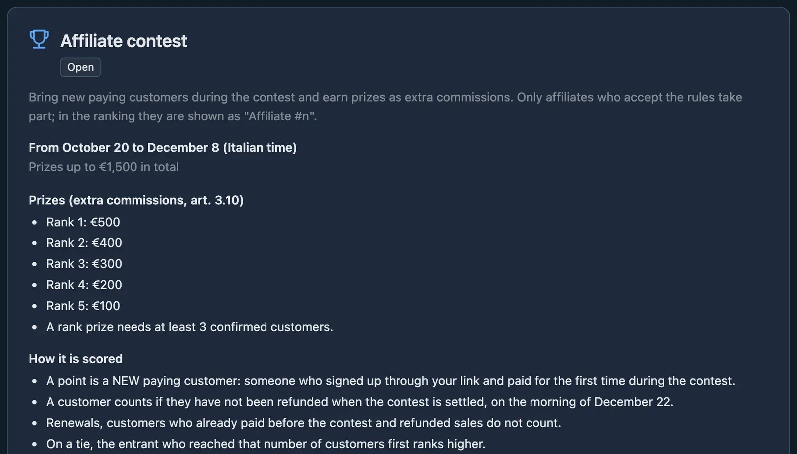 The Contest tab of the affiliate dashboard: dates, prizes and rules