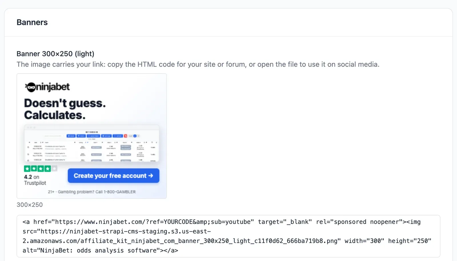 The creatives kit filtered on banners, with the HTML code that carries your link